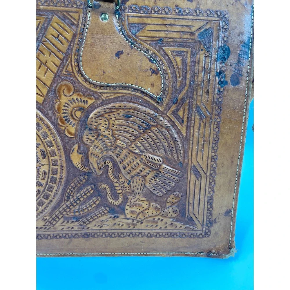 Vintage Mexican Hand Tooled Leather Briefcase - Aztec Sun Stone & Eagle -‎ As-Is
